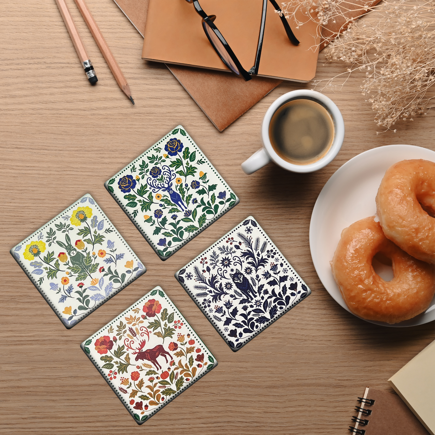 Swedish Kurbits and Rosemaling Folk Art Coasters